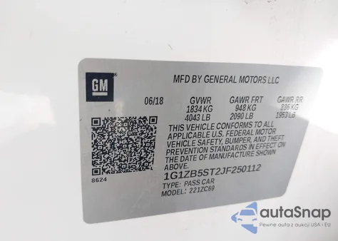 2018 Chevrolet Malibu 1Ls z USA, uszkodzony, nr VIN 1G1ZB5ST2JF250112